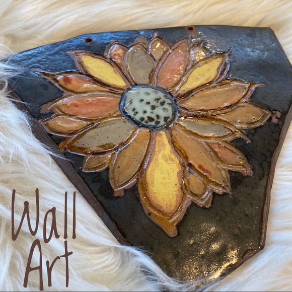 Other - Wall art Artesian Ceramic Sunflower earth tone orange yellow brown on Chocolate
